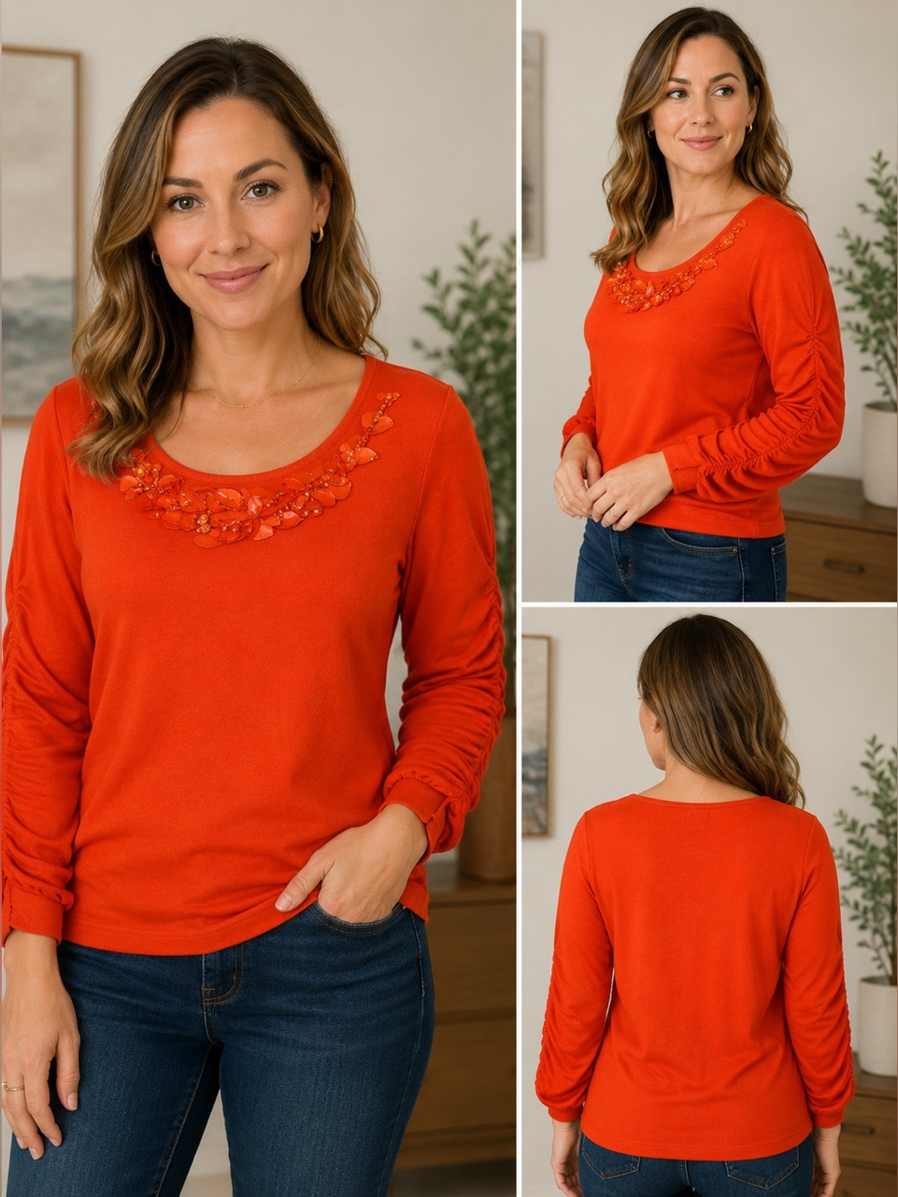 New York & Company Orange Embellished Neck Top XL Ruched Sleeve Blouse Bright